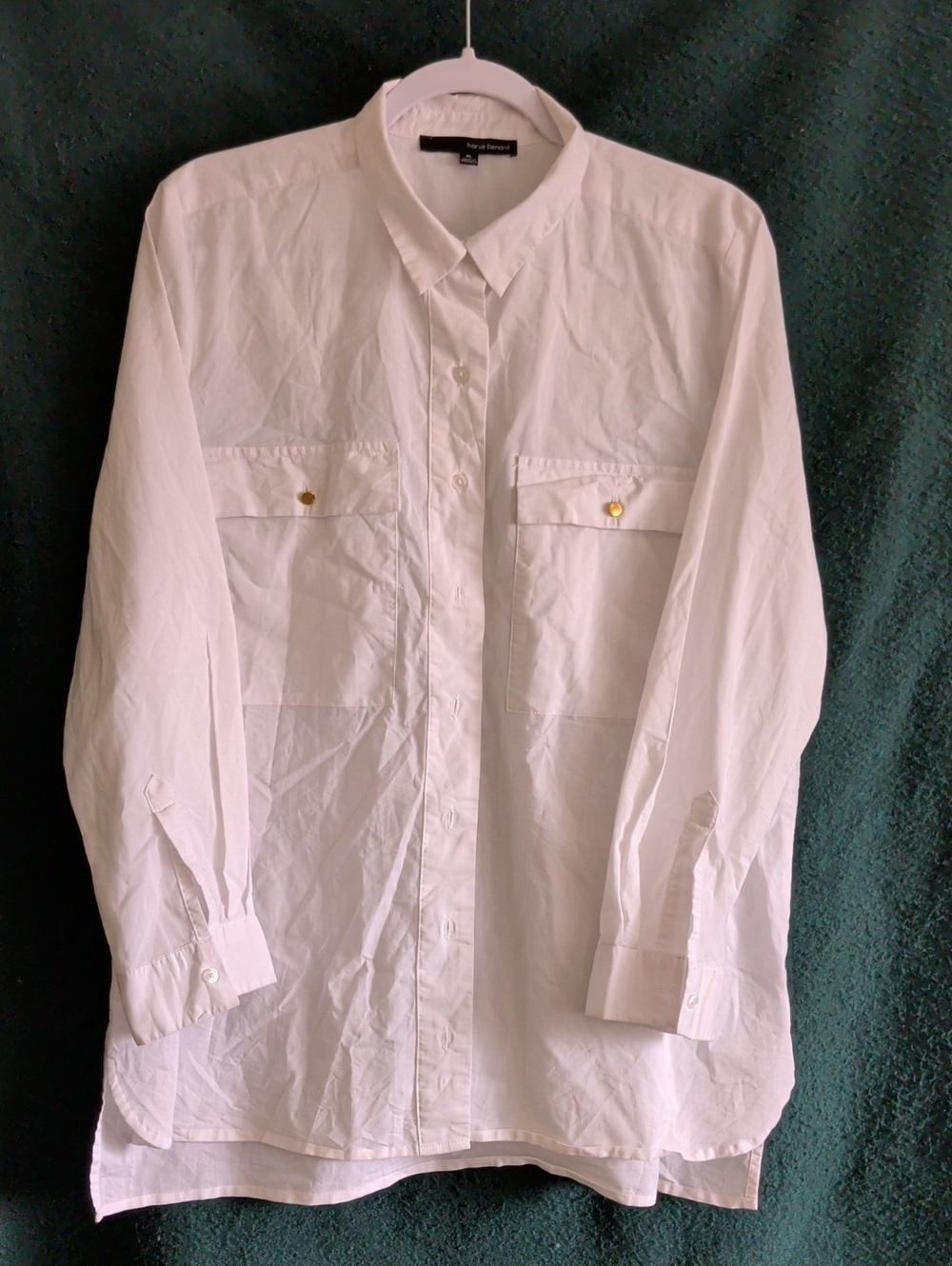 Harve Benard White Longline Button-Down Shirt with Gold Buttons